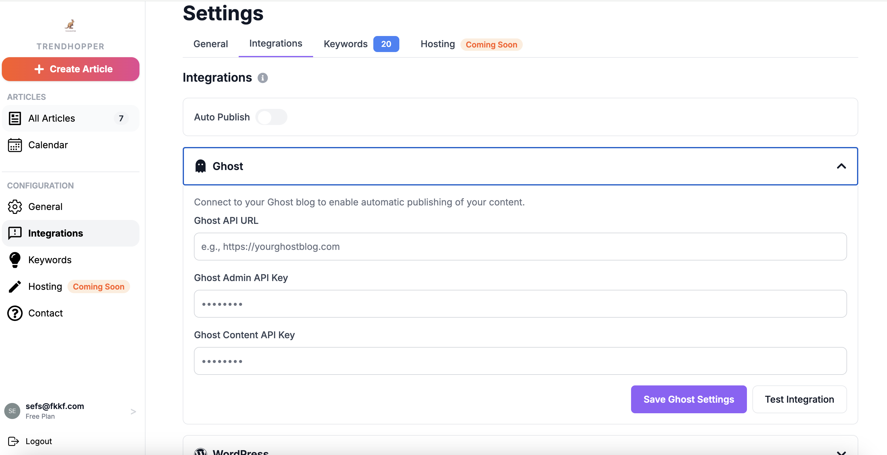 Publishing integrations in Trendhopper