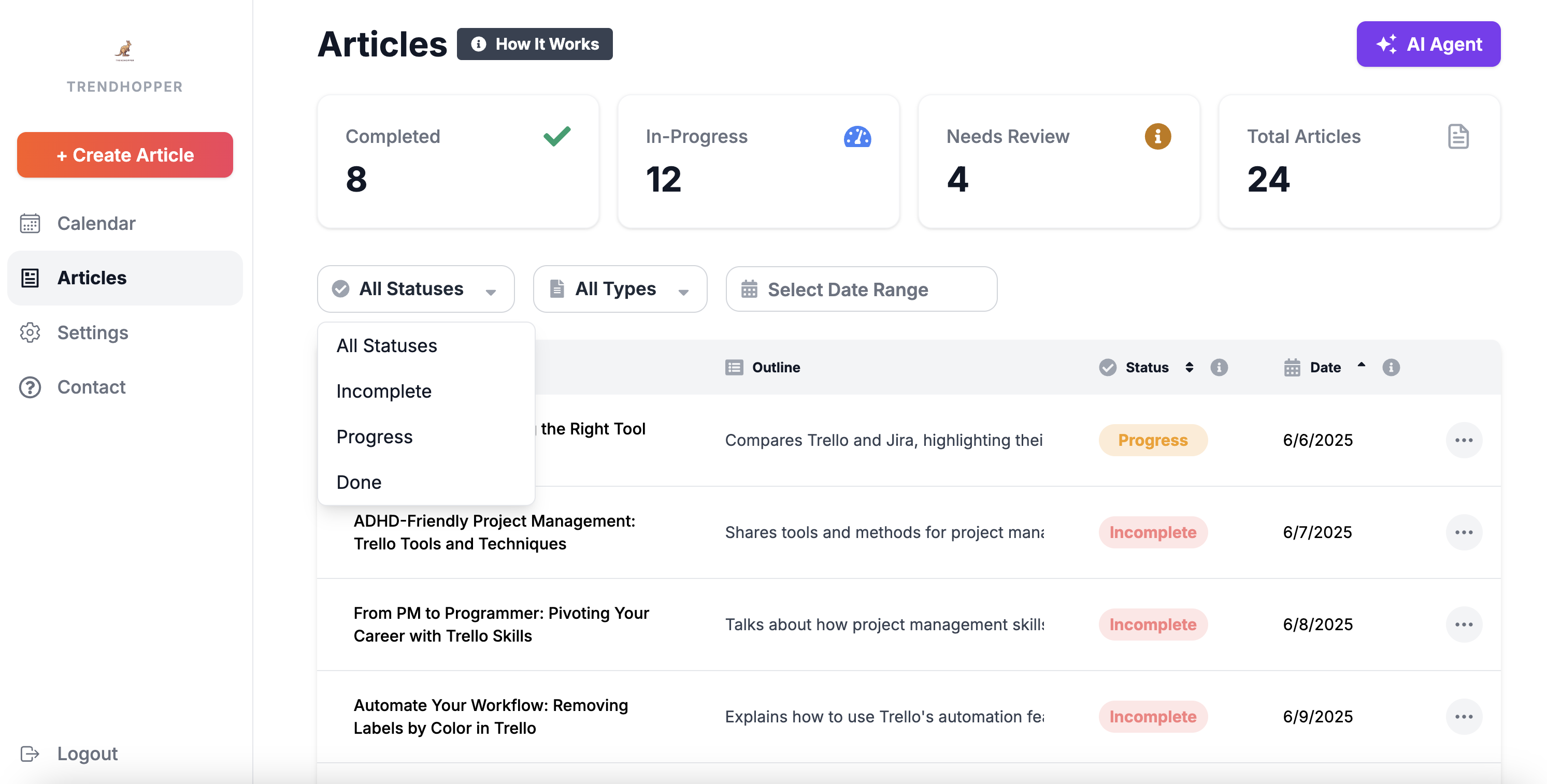 Article list in Trendhopper