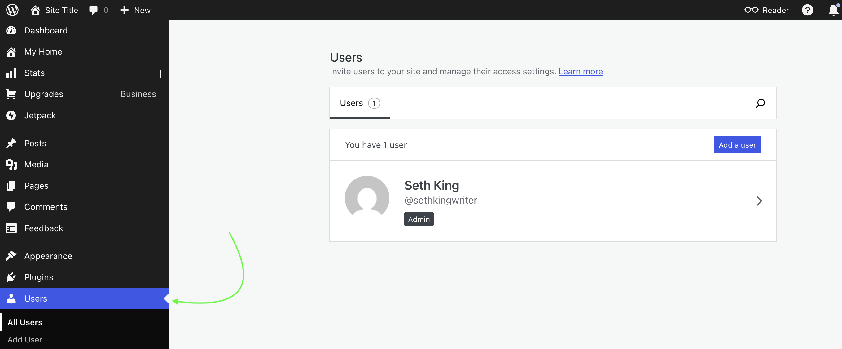 WordPress Users page — find your username and Admin role under Users → All Users