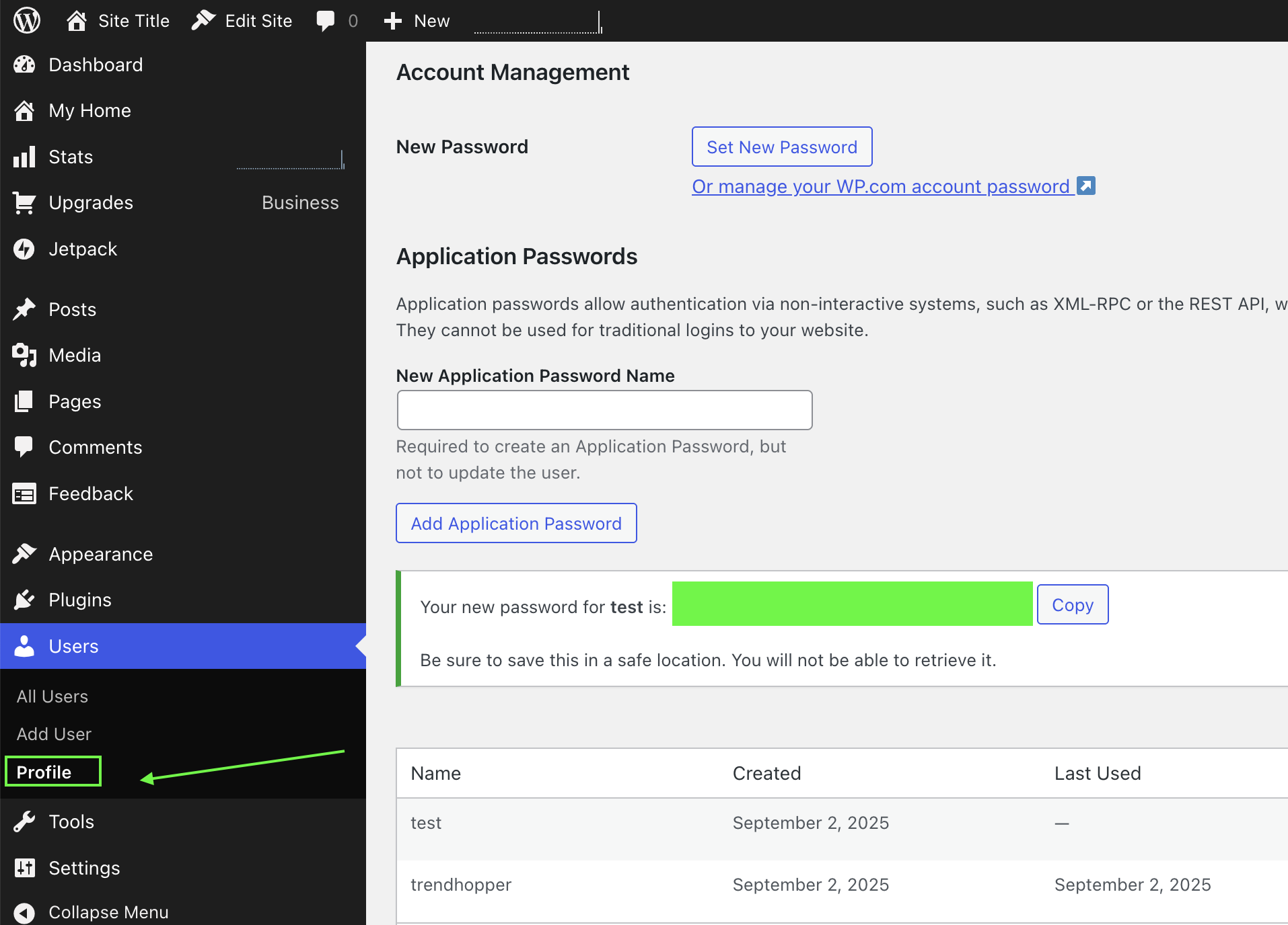 WordPress Application Password Setup — Users → Profile and Application Passwords section